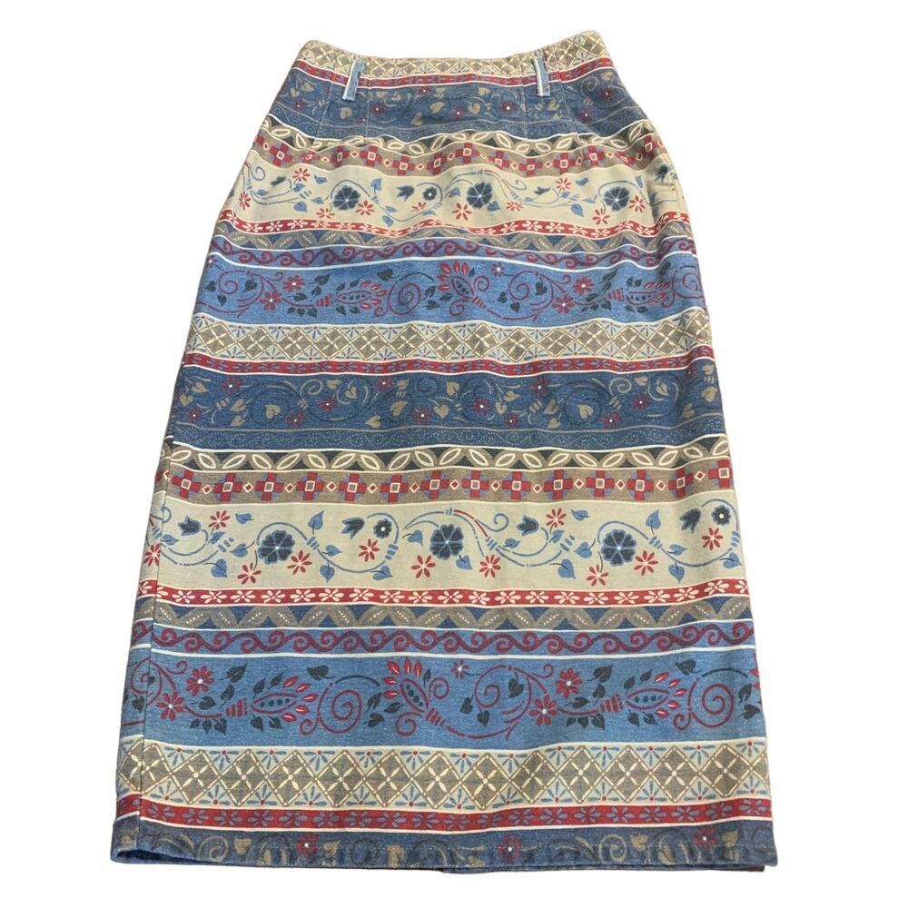 Vintage Vivaldi Jeanswear Artsy Aztec Floral Boho Geometric Denim Maxi Skirt 8